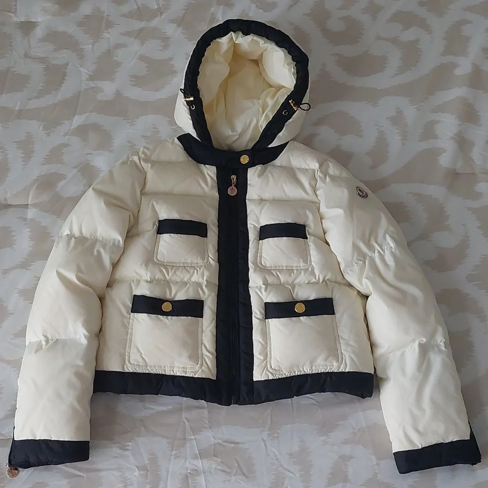 Moncler White/Black Down Puffer Cropped Jacket with Removable Hoodie - Picture 1 of 16